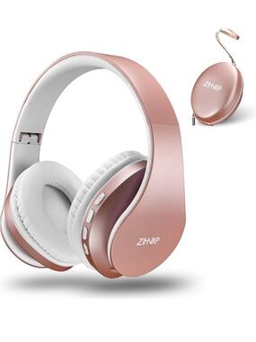 ZIHNIC Bluetooth Headphones Foldable Wireless Wired Stereo Headset Rose Gold NEW